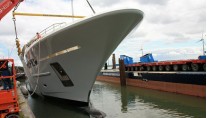 49m luxury yacht Nassima hitting the water - Photo courtesy of Olivier van Meer